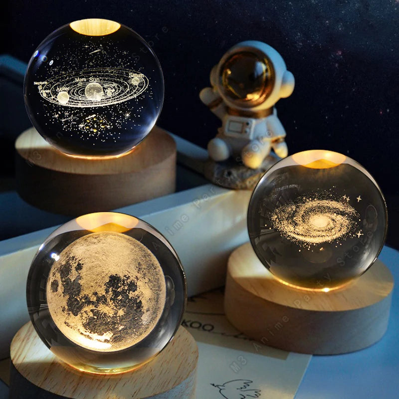 Unique 3D Crystal Ball Night Light Led Lamp Bedside Table Galaxy Lamp Glowing Saturn Planets Moon Children Birthday Gift Toy 5cm